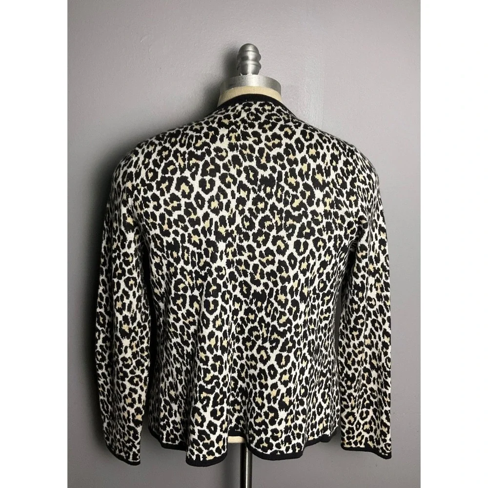 Lands End Womens Leopard Print Supima Cotton Cardigan Sweater Black Tan Medium